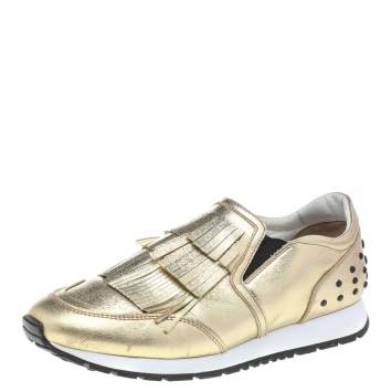 Pre Owned Tod's Gold Leather Fringe Detail Low Top Sneakers Size 39