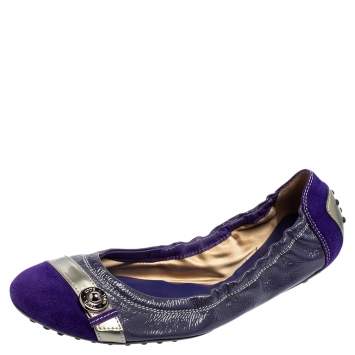 Pre Owned Tod's Purple Suede  And Patent Leather Cap Toe Buckle Detail Scrunch Ballet Flats Size 41