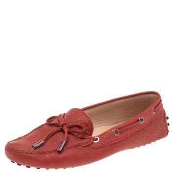 Pre Owned Tod's Red Leather Bow Slip On Loafers Size 38