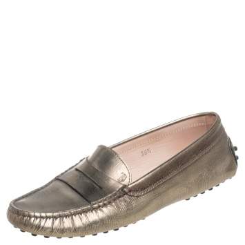 Pre Owned Tod's Metallic Gold Textured Leather Penny Loafers Size 36.5