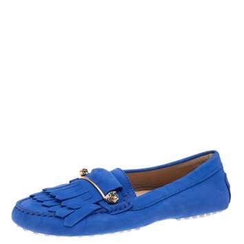 Pre Owned Tod's Blue Nubuck Leather Embellished Fringe Detail Slip On Loafers Size 39