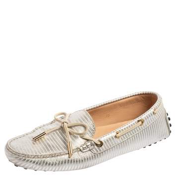 Pre Owned Tod's Silver Stripe Leather Bow Detail Loafers Size 37