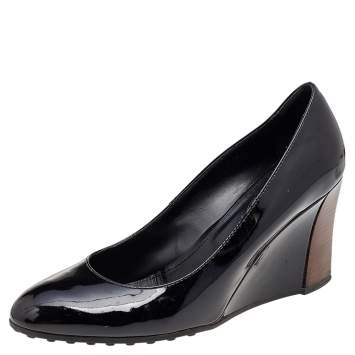 Pre Owned Tod's Black Patent Leather Wedge Pumps Size 38.5