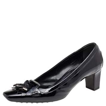 Pre Owned Tod's Black Patent Leather Fringe Square Toe Pumps Size 40
