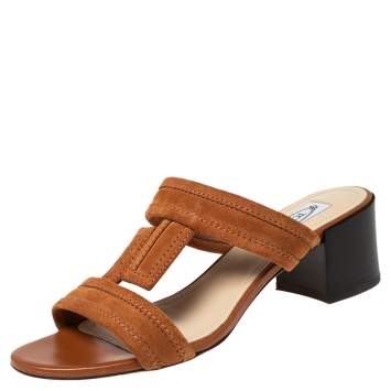 Pre Owned Tod's Tan Suede Block Heel Sandals Size 37.5 