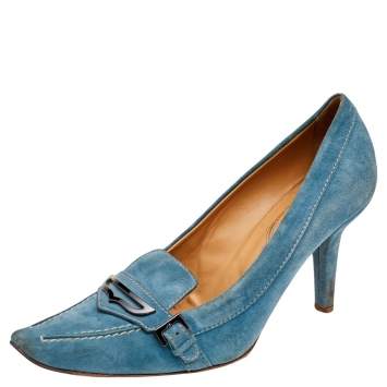 Pre Owned Tod's Blue Suede Pointed Toe Loafer Pumps Size 37.5