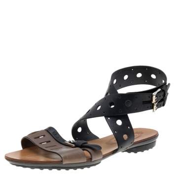 Pre Owned Tod's Black/Grey Leather Flat Sandals Size 36