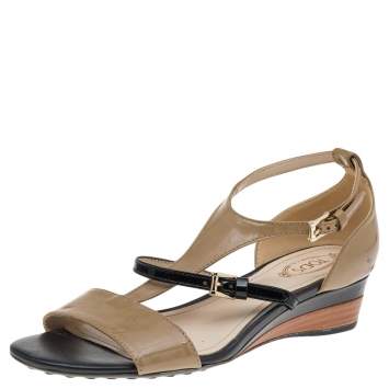 Pre Owned Tod's Brown/Black Patent Leather Sandals Size 36.5