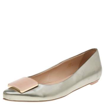 Pre Owned Tod's Silver/Pink Patent Leather Buckle Detail Flats Size 39.5