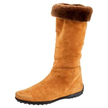 Pre Owned Tod's Yellow/Brown Suede And Fur Calf Length Boots Size 37.5