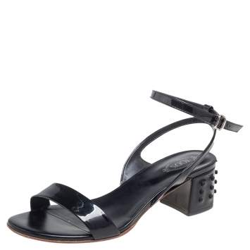 Pre Owned Tod's Black Patent Leather Studded Block Heel Ankle-Strap Sandals Size 38.5