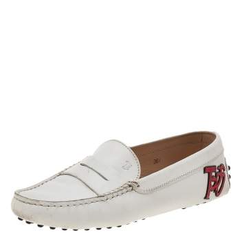 Pre Owned Tod's White Leather Gommino Driving Loafers Size 36.5