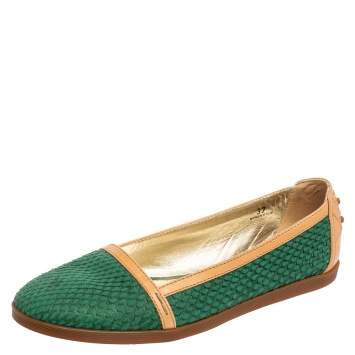Pre Owned Tod's Green/Tan Python And Leather Loafers Size 37
