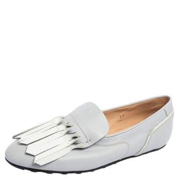 Pre Owned Tod's Grey Leather Fringes Loafers Size 37