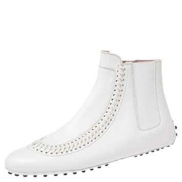 Pre Owned Tod's White Leather Stitch Detail Ankle Boots Size 37