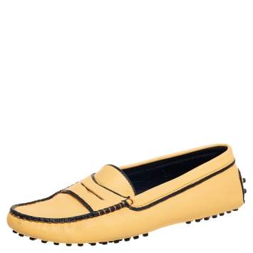 Pre Owned Tod's Yellow/Black Leather Gommini Driver Loafers Size 38