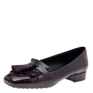 Pre Owned Tod's Burgundy Patent Leather Fringe Slip On Loafers Size 37.5
