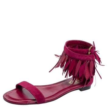 Pre Owned Tod's Magenta Suede Leaves Fringe Ankle-Strap Flat Sandals Size 37.5