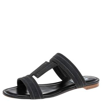 Pre Owned Tod's Black Glitter Flat Sandals Size 37