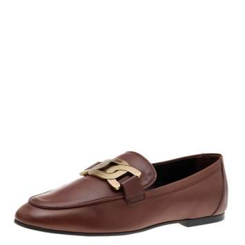 Pre Owned Tod's Brown Leather Chain Detail Kate Loafers Size 37
