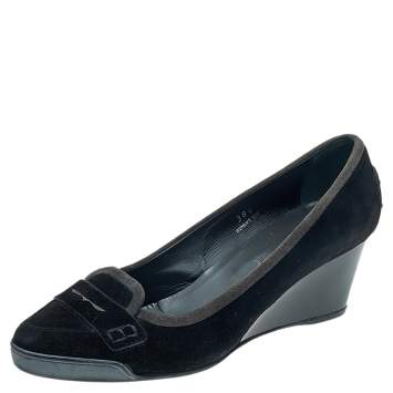 Pre Owned Tod's Black Suede Penny Loafer Wedge Pumps Size 38.5