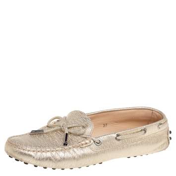 Pre Owned Tod's Gold Textured Leather Bow Detail Driver Loafers Size 37