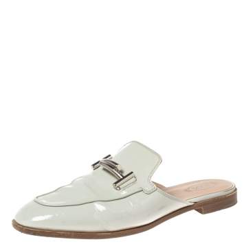 Pre Owned Tod's Light Grey Patent Leather Double T Buckle Flat Loafer Mules Size 40