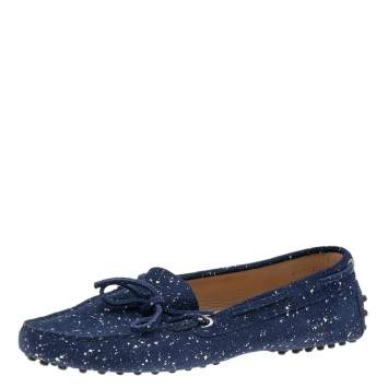 Pre Owned Tod's Blue/Silver Suede Gommino Bow Slip On Loafers Size 38