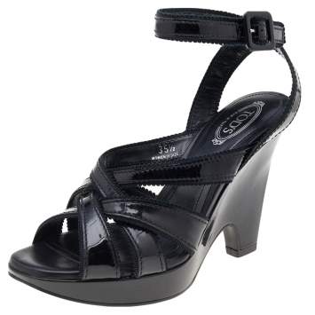 Pre Owned Tod's Black Patent Leather Strappy Sandals Size 35.5