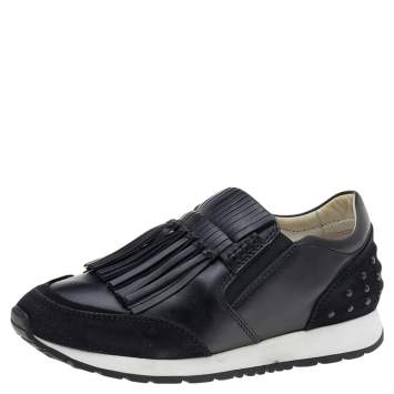 Pre Owned Tod's Black Leather And Suede Slip on Sneakers Size 35.5