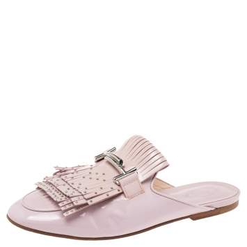 Pre Owned Tod's  Beige Patent Leather Double T Buckle Flat Mules Size 39