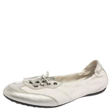 Pre Owned Tod's White/Silver Leather Gomma Lace Slip-On Sneakers Size 39.5