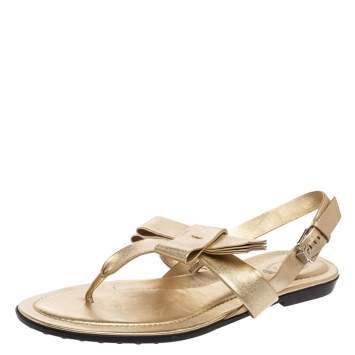 Pre Owned Tod's Gold Leather Bow Detail Flat Thong Slingback Sandals Size 40