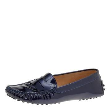 Pre Owned Tod's Blue Lizard Embossed Patent Leather Gommino Slip On Loafers Size 36.5