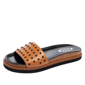 Pre Owned Tod's Tan Leather Studded Flat Slides Size 38
