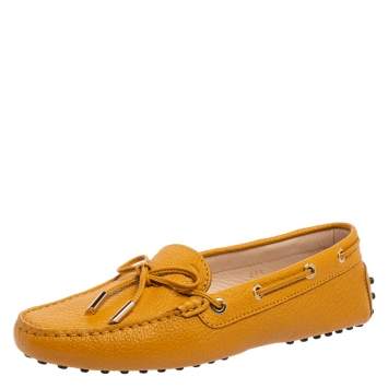 Pre Owned Tod's Tan Leather Bow Driver Loafers Size 37.5
