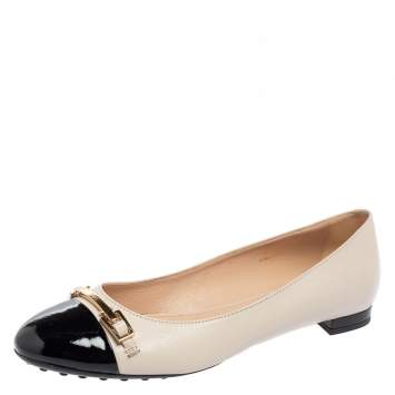 Pre Owned Tod's Off-White/Black Leather and Patent Cap-Toe Buckle Ballet Flats Size 39
