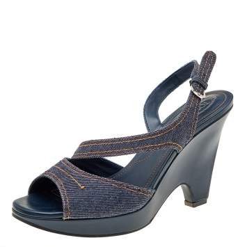 Pre Owned Tod's Blue Denim Slingback Platform Wedge Sandals Size 41