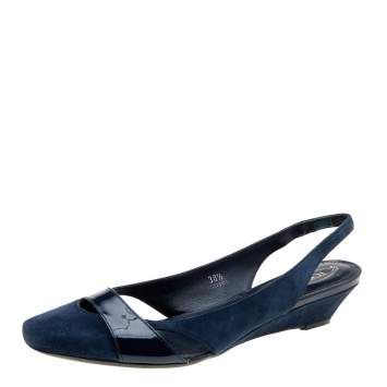 Pre Owned Tod's Navy Blue Suede and Patent Leather Slingback Wedge Sandals Size 38.5