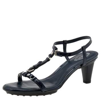 Pre Owned Tod's Navy Blue Patent Leather T-Strap Sandals Size 40