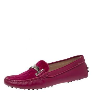 Pre Owned Tod's Magenta Quilted Suede and Leather Double T Buckle Loafers Size 36