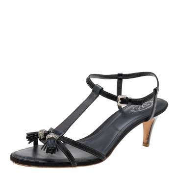 Pre Owned Tod's Black Patent Leather and Satin Crystal Tassel T-Strap Sandals Size 41