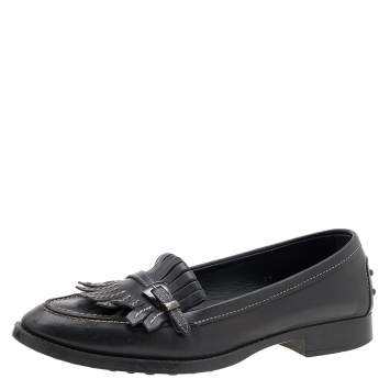 Pre Owned Tod's Black Leather Fringe Loafers Size 38