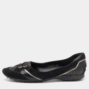 Pre Owned Tod's Black Python and Suede Ballet Flats Size 37