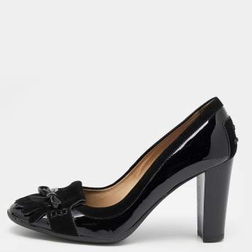 Pre Owned Tod's Black Patent Leather and Suede Fringe Block Heel Pumps Size 38