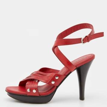 Pre Owned Tod's Red Leather Ankle Strap Platform Sandals Size 39