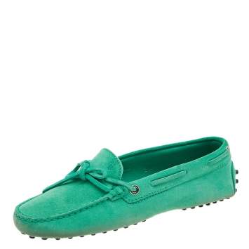 Pre Owned Tod's Green Suede Bow Slip On Loafers Size 38