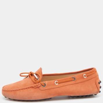 Pre Owned Tod's Orange Suede Bow Slip On Loafers Size 38