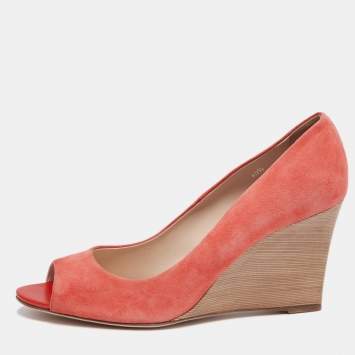 Pre Owned Tod's Coral Suede Peep Toe Wedge Pumps Size 40.5