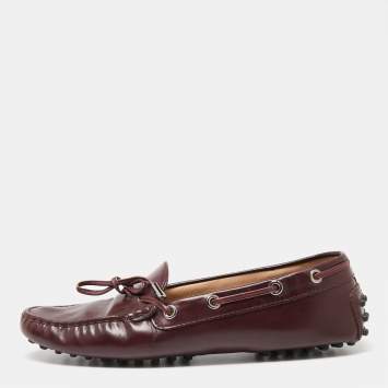 Pre Owned Tod's Burgundy Leather Bow Slip-On Loafers Size 37.5